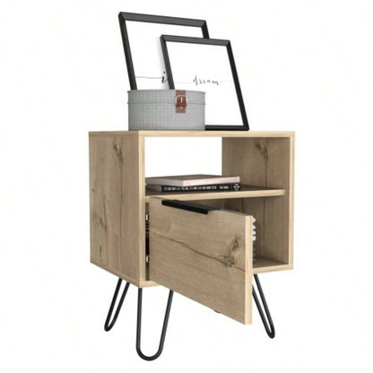 Nightstand 22H, One Open Shelf, Single Door Cabient, Hairpin, Light Oak