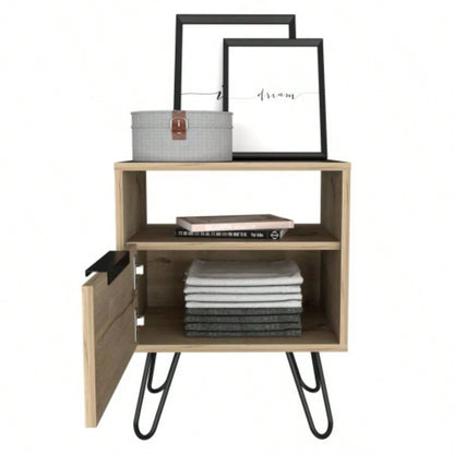Nightstand 22H, One Open Shelf, Single Door Cabient, Hairpin, Light Oak