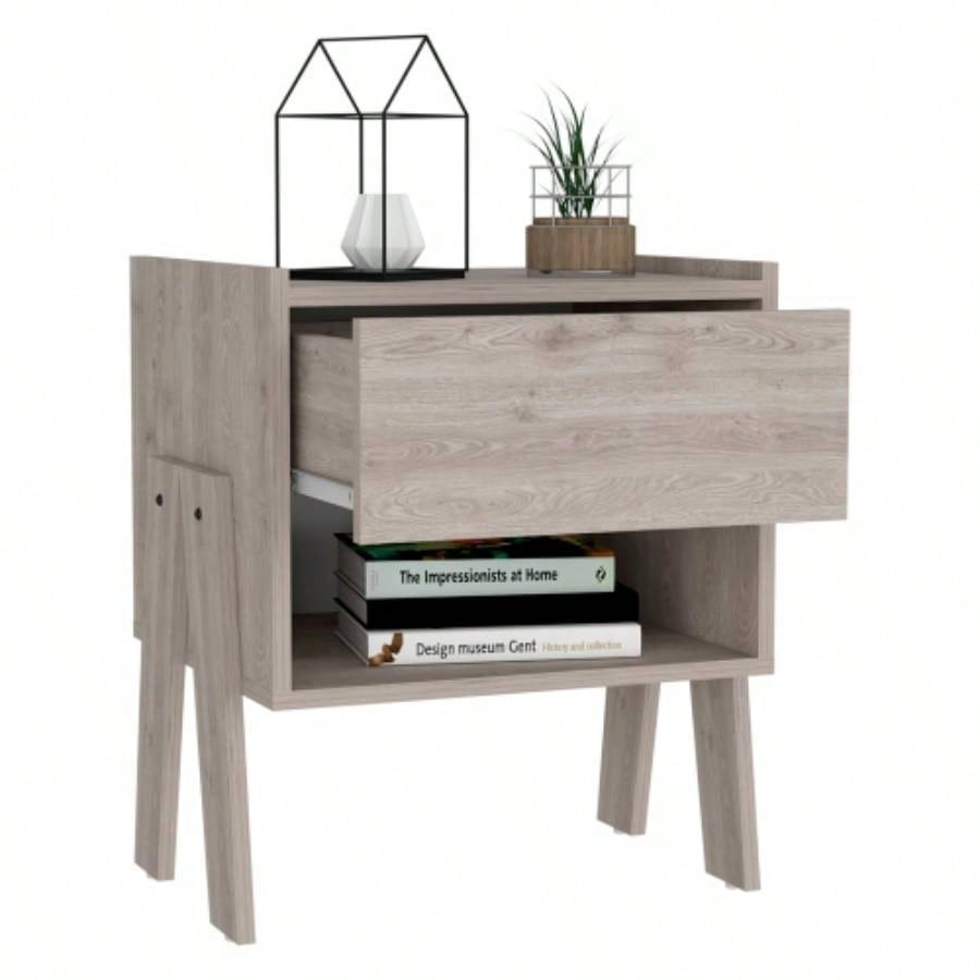 Nightstand 22H, One Drawer, One Open Shelf, Light Gray