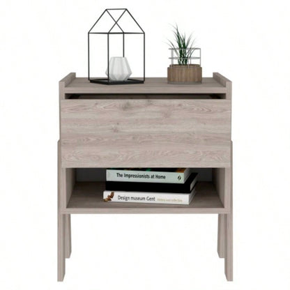 Nightstand 22H, One Drawer, One Open Shelf, Light Gray