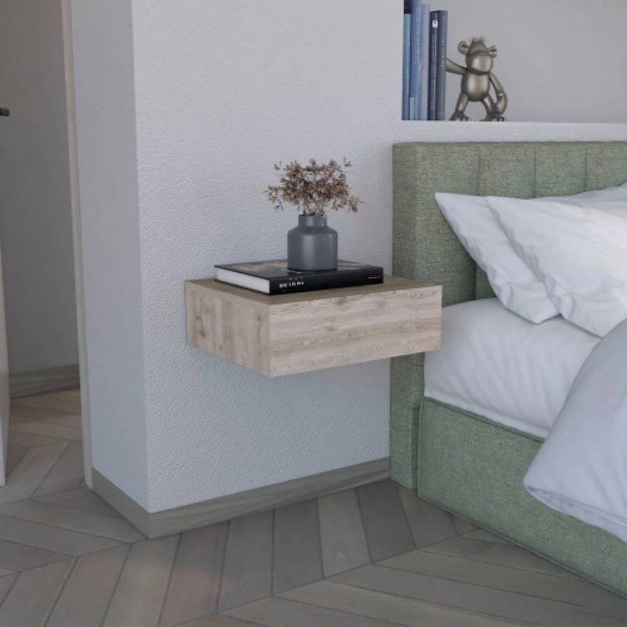 Floating Nightstand 5H, Modern Wall - Mounted Bedside Shelf with Drawer, Light Gray