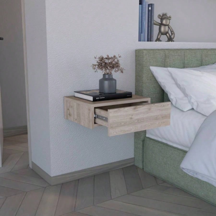 Floating Nightstand 5H, Modern Wall - Mounted Bedside Shelf with Drawer, Light Gray