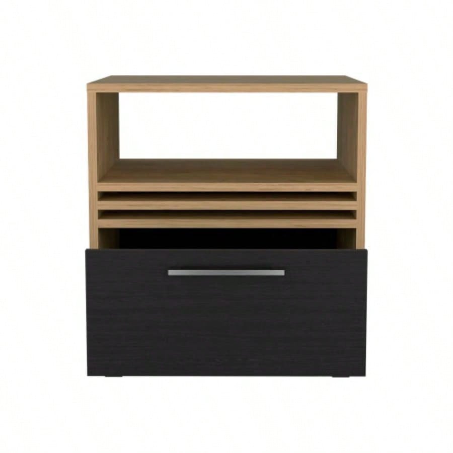 Nightstand, 1 Drawer, 4 Wheels, 1 Shelf, Natural Oak/ Black