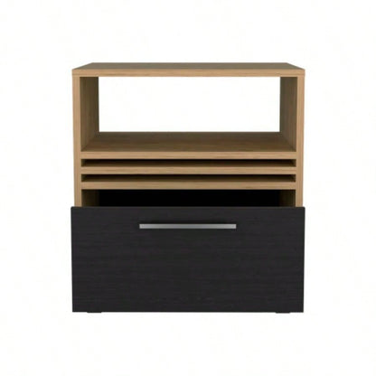 Nightstand, 1 Drawer, 4 Wheels, 1 Shelf, Natural Oak/ Black