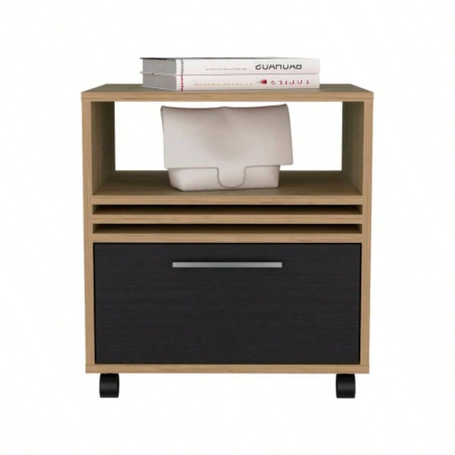 Nightstand, 1 Drawer, 4 Wheels, 1 Shelf, Natural Oak/ Black