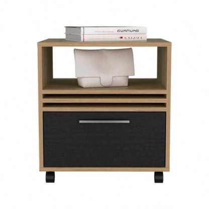 Nightstand, 1 Drawer, 4 Wheels, 1 Shelf, Natural Oak/ Black
