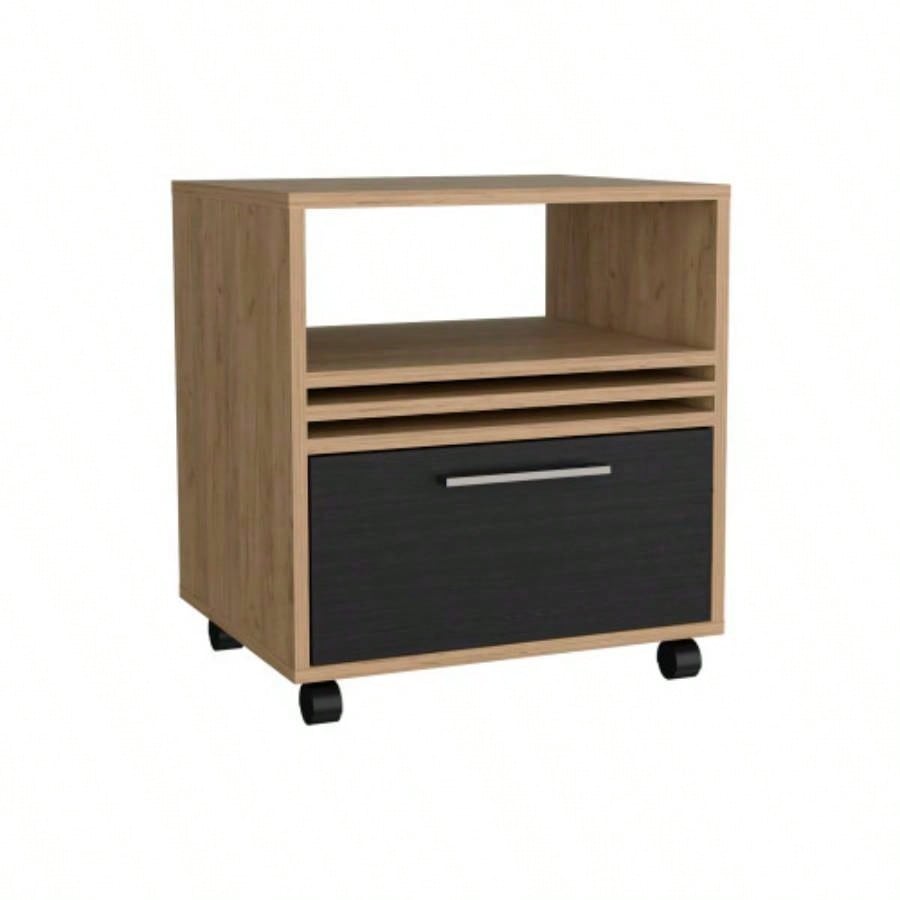 Nightstand, 1 Drawer, 4 Wheels, 1 Shelf, Natural Oak/ Black