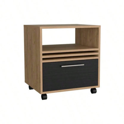 Nightstand, 1 Drawer, 4 Wheels, 1 Shelf, Natural Oak/ Black
