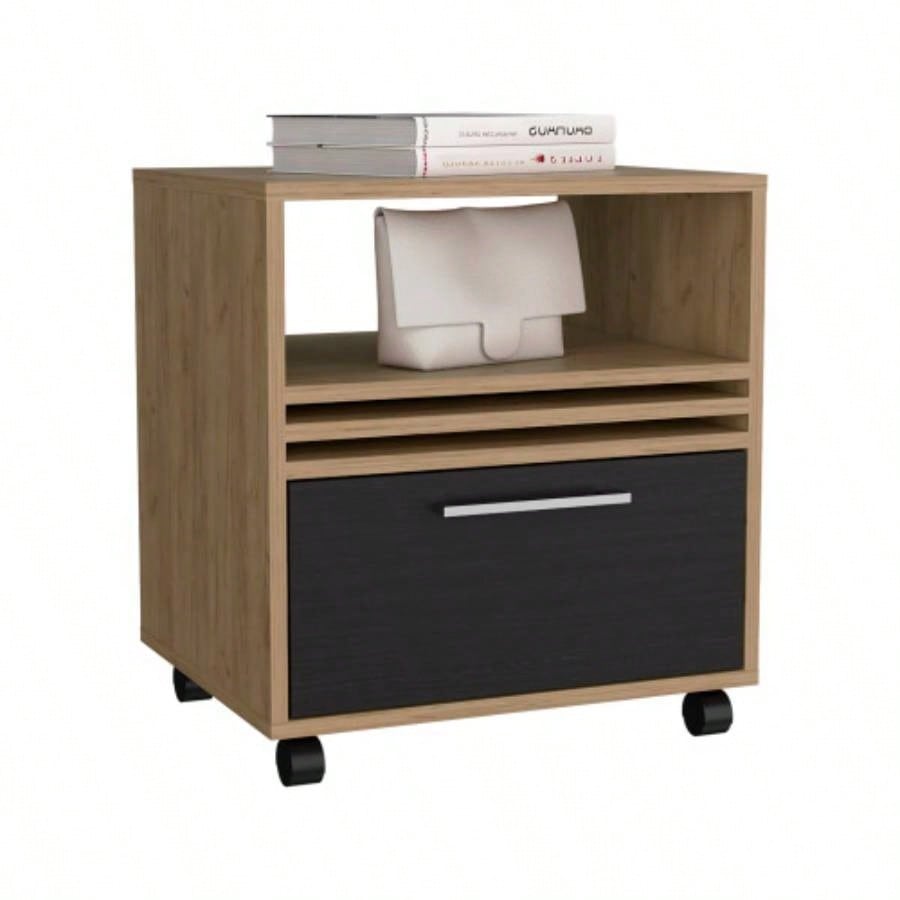Nightstand, 1 Drawer, 4 Wheels, 1 Shelf, Natural Oak/ Black