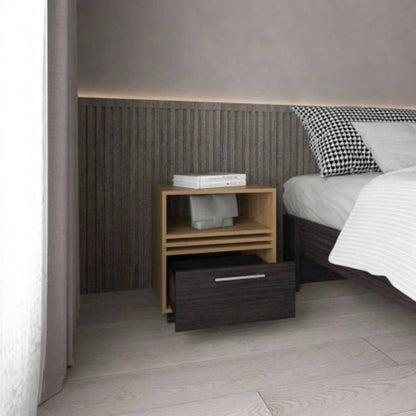 Nightstand, 1 Drawer, 4 Wheels, 1 Shelf, Natural Oak/ Black