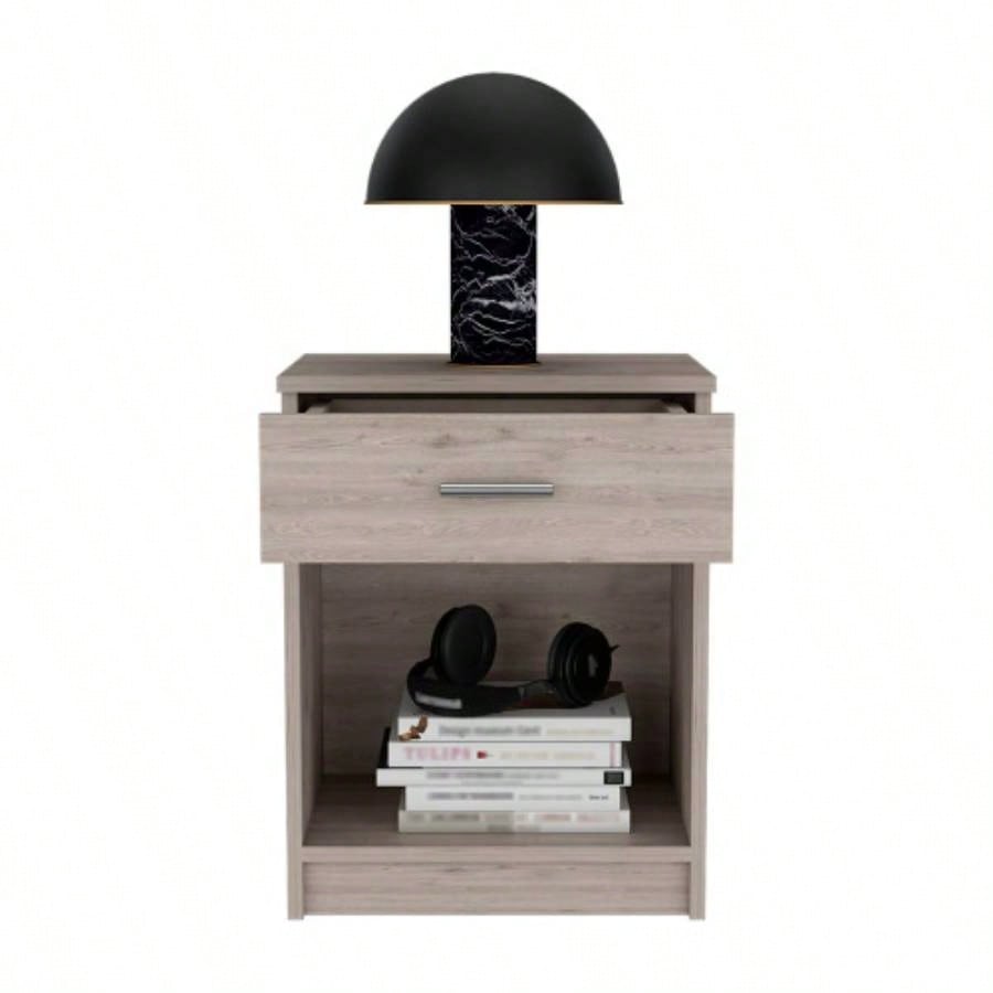 Nightstand, Single Drawer, Lower Shelf, Light Gray