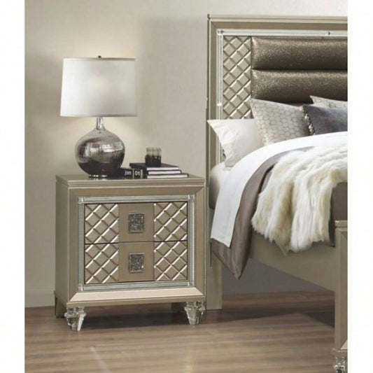 Glamorous Champagne 1pc Nightstand of 2 Drawers Acrylic Feet Bedside Table Luxury Bedroom Furniture Beveled Mirror Trim