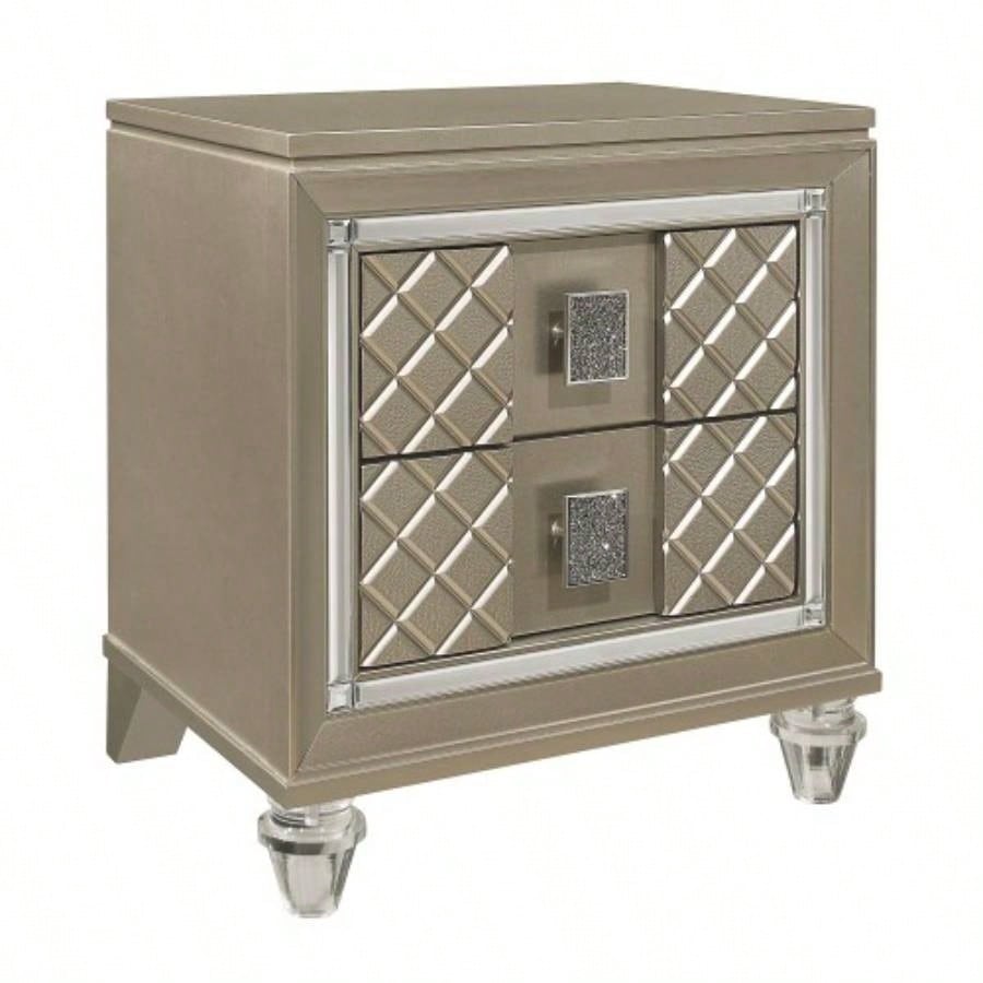 Glamorous Champagne 1pc Nightstand of 2 Drawers Acrylic Feet Bedside Table Luxury Bedroom Furniture Beveled Mirror Trim