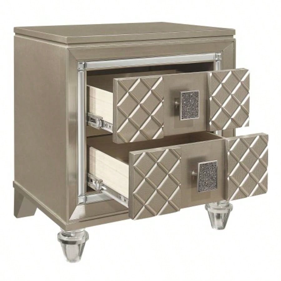 Glamorous Champagne 1pc Nightstand of 2 Drawers Acrylic Feet Bedside Table Luxury Bedroom Furniture Beveled Mirror Trim