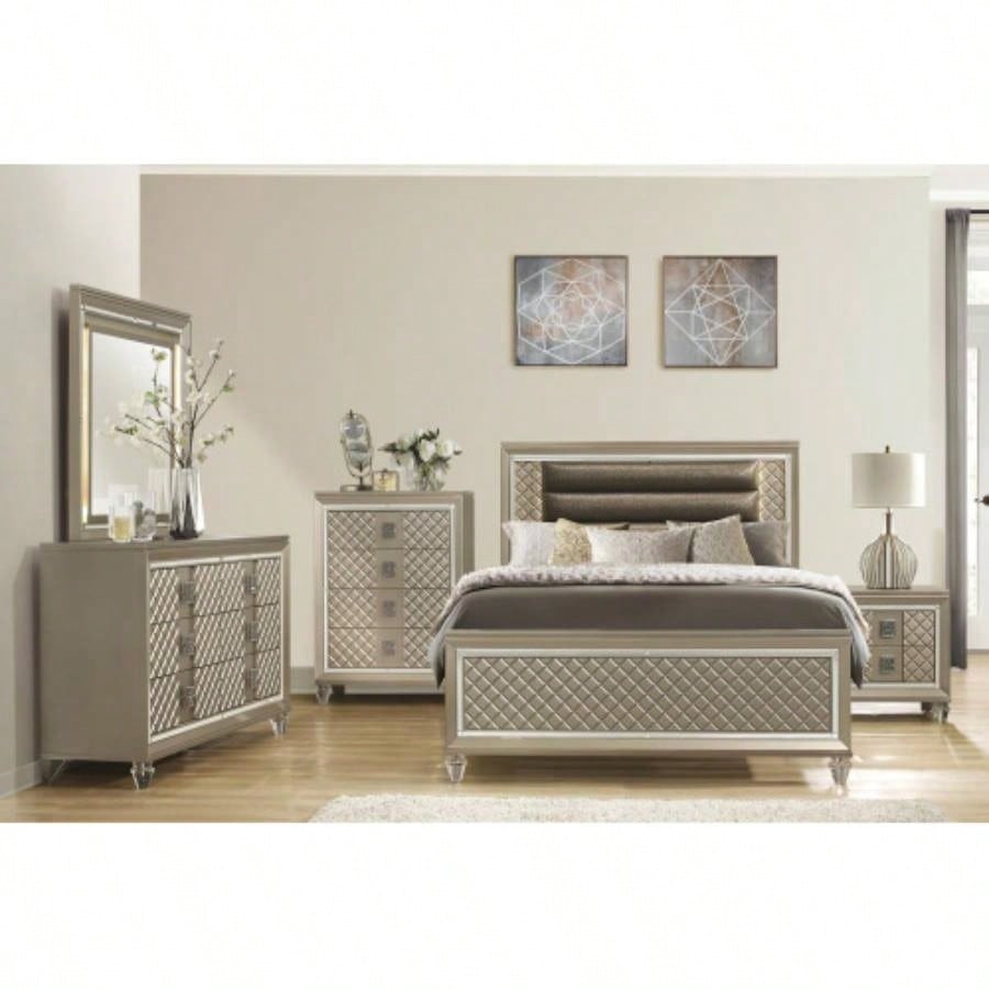 Glamorous Champagne 1pc Nightstand of 2 Drawers Acrylic Feet Bedside Table Luxury Bedroom Furniture Beveled Mirror Trim