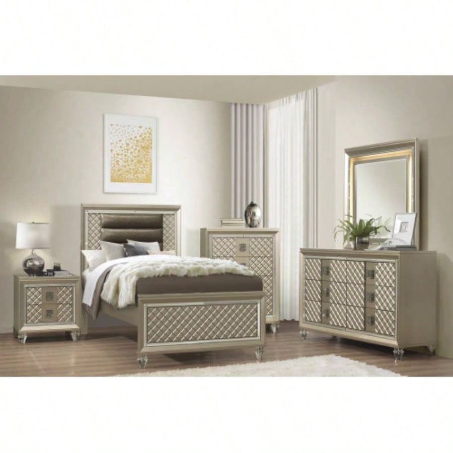 Glamorous Champagne 1pc Nightstand of 2 Drawers Acrylic Feet Bedside Table Luxury Bedroom Furniture Beveled Mirror Trim