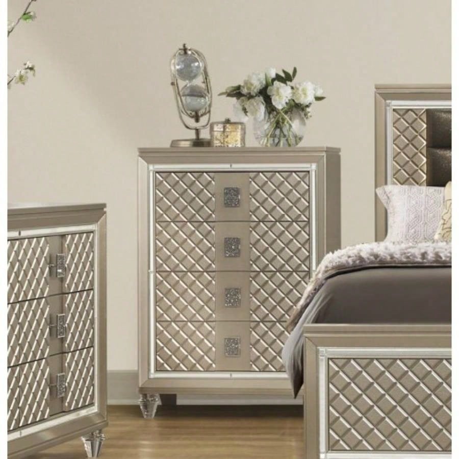 Glamorous Champagne 1pc Nightstand of 2 Drawers Acrylic Feet Bedside Table Luxury Bedroom Furniture Beveled Mirror Trim