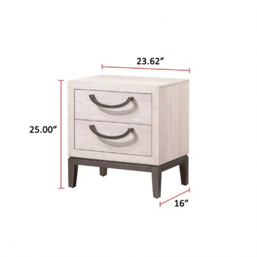 1pc Unique Design Contemporary Sleek Beige White Nightstand 2 - Drawers Storage Bedroom Wooden Furniture Solid Wood