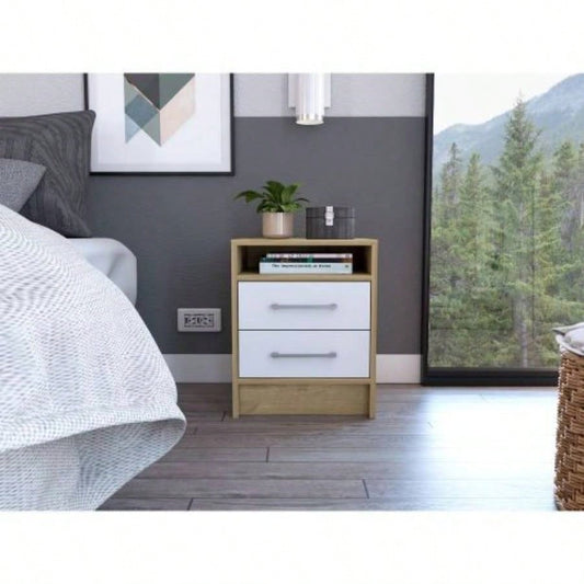 White and Light Oak 2 - Drawer 1 - Shelf Rectangle Nightstand