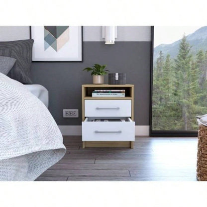 White and Light Oak 2 - Drawer 1 - Shelf Rectangle Nightstand