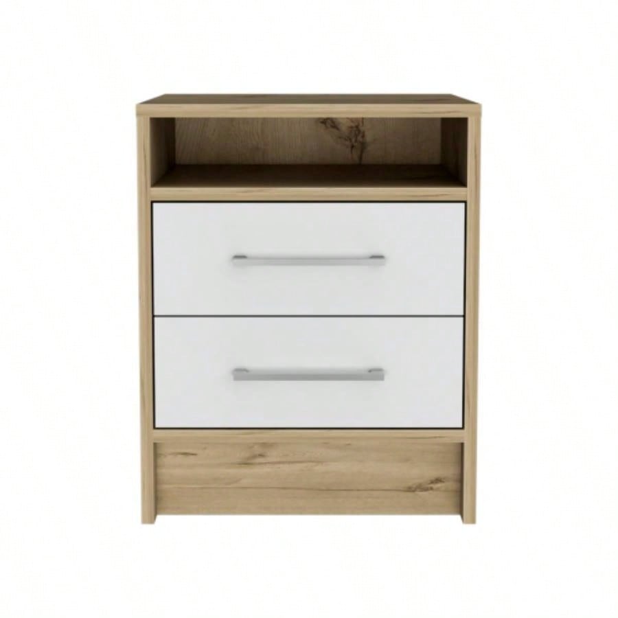 White and Light Oak 2 - Drawer 1 - Shelf Rectangle Nightstand