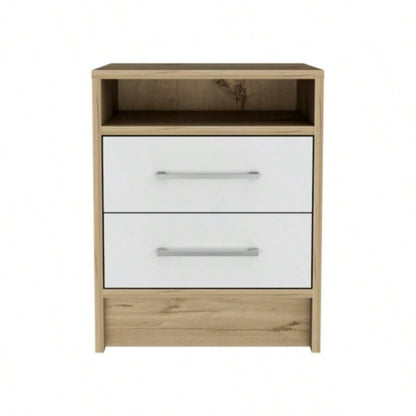 White and Light Oak 2 - Drawer 1 - Shelf Rectangle Nightstand