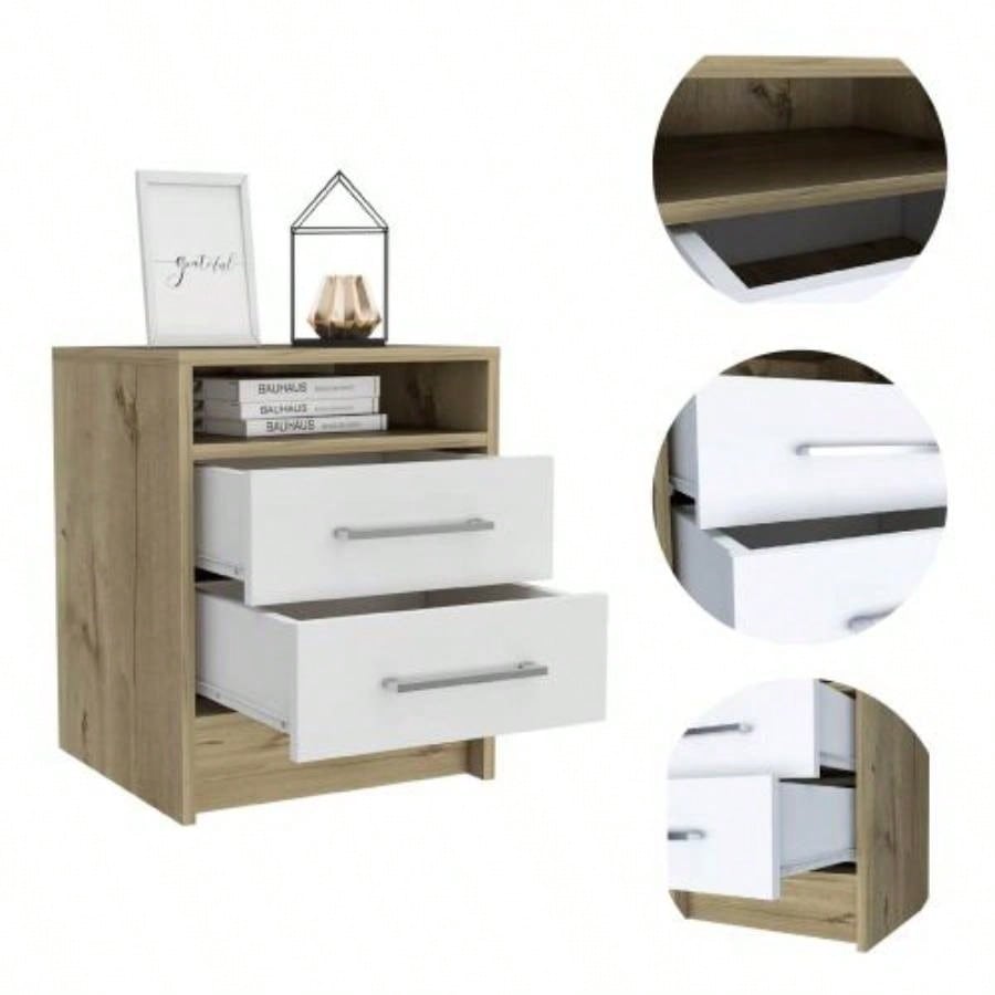 White and Light Oak 2 - Drawer 1 - Shelf Rectangle Nightstand