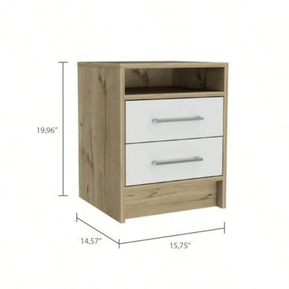 White and Light Oak 2 - Drawer 1 - Shelf Rectangle Nightstand