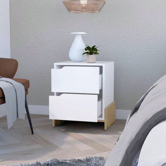 Nightstand Brookland, Bedside Table with Double Drawers and Sturdy Base, White/ Macadamia