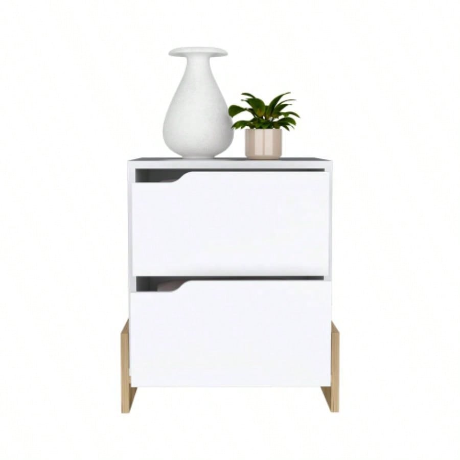 Nightstand Brookland, Bedside Table with Double Drawers and Sturdy Base, White/ Macadamia