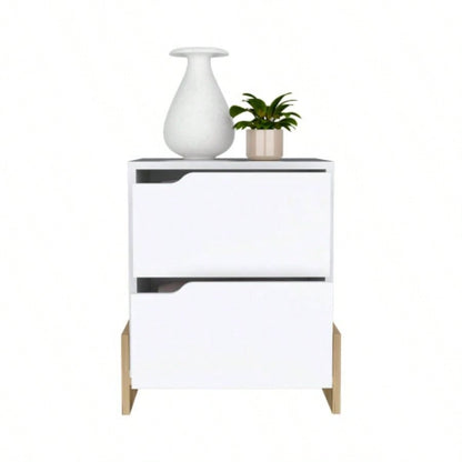 Nightstand Brookland, Bedside Table with Double Drawers and Sturdy Base, White/ Macadamia
