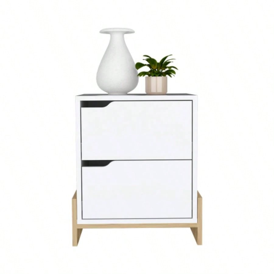 Nightstand Brookland, Bedside Table with Double Drawers and Sturdy Base, White/ Macadamia