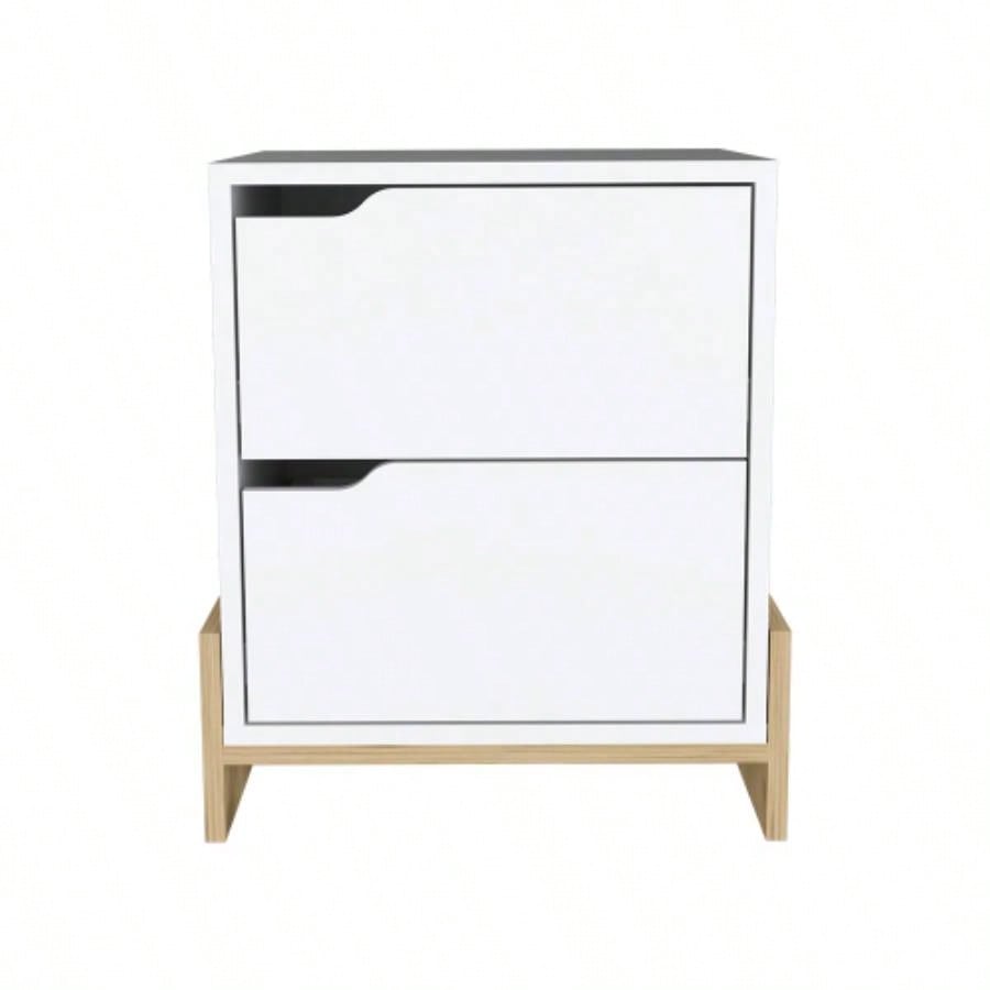 Nightstand Brookland, Bedside Table with Double Drawers and Sturdy Base, White/ Macadamia