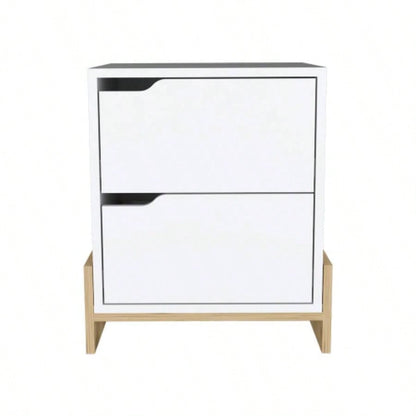Nightstand Brookland, Bedside Table with Double Drawers and Sturdy Base, White/ Macadamia