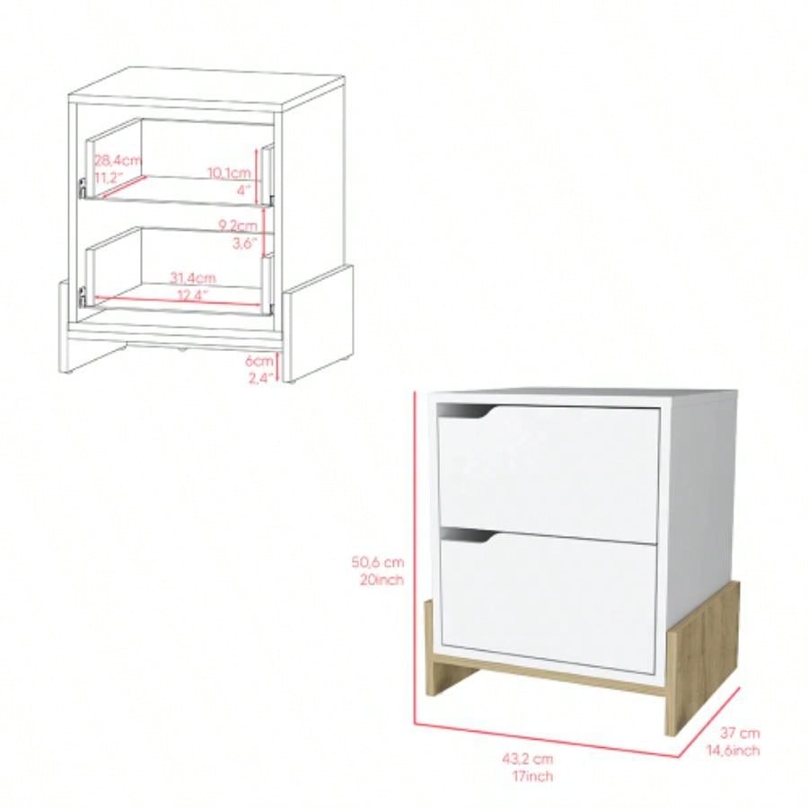 Nightstand Brookland, Bedside Table with Double Drawers and Sturdy Base, White/ Macadamia