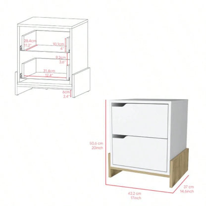 Nightstand Brookland, Bedside Table with Double Drawers and Sturdy Base, White/ Macadamia
