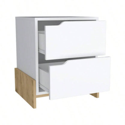 Nightstand Brookland, Bedside Table with Double Drawers and Sturdy Base, White/ Macadamia