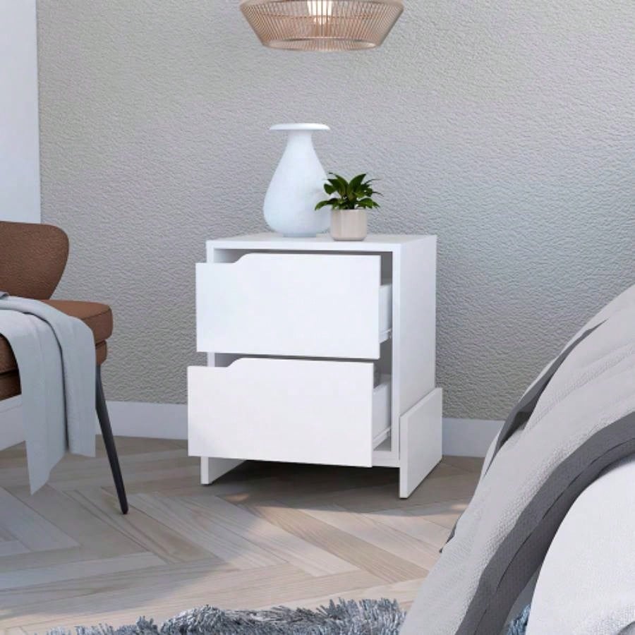 Nightstand Brookland, Bedside Table with Double Drawers and Sturdy Base, White/ Macadamia