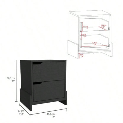 Nightstand Brookland, Bedside Table with Double Drawers and Sturdy Base, Black Wengue