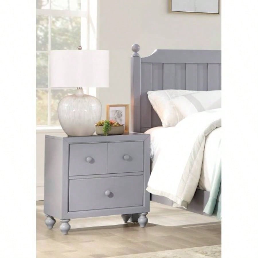 Transitional Gray 1pc Nightstand of Drawers Wood knobs Turned Feet Modern Bedroom Furniture