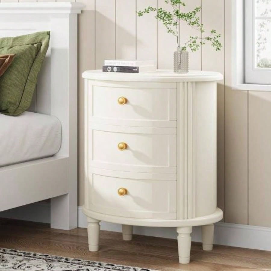 20 Oval Nightstand with 3 Drawers, Fully Assembled Farmhouse Bedside Table, Wood Side End Table with Solid Unique Design Bedroom, Living Room, Beige White