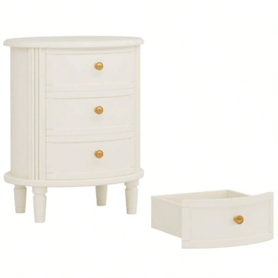 20 Oval Nightstand with 3 Drawers, Fully Assembled Farmhouse Bedside Table, Wood Side End Table with Solid Unique Design Bedroom, Living Room, Beige White