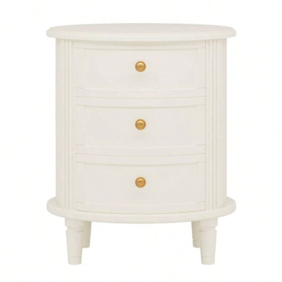 20 Oval Nightstand with 3 Drawers, Fully Assembled Farmhouse Bedside Table, Wood Side End Table with Solid Unique Design Bedroom, Living Room, Beige White