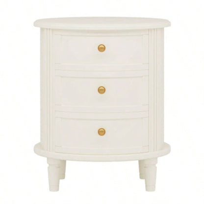 20 Oval Nightstand with 3 Drawers, Fully Assembled Farmhouse Bedside Table, Wood Side End Table with Solid Unique Design Bedroom, Living Room, Beige White