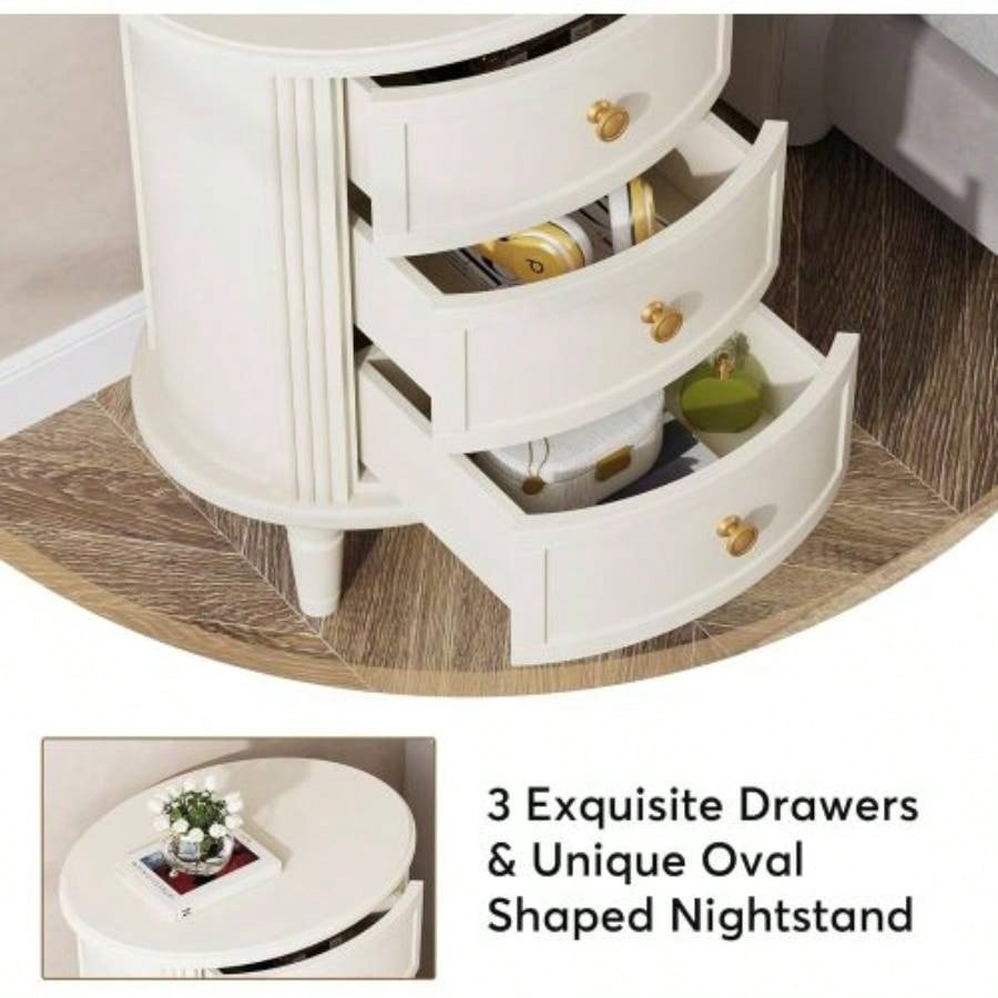 20 Oval Nightstand with 3 Drawers, Fully Assembled Farmhouse Bedside Table, Wood Side End Table with Solid Unique Design Bedroom, Living Room, Beige White