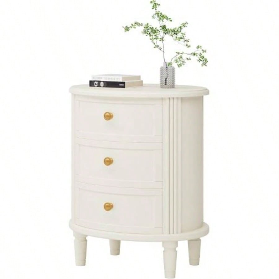 20 Oval Nightstand with 3 Drawers, Fully Assembled Farmhouse Bedside Table, Wood Side End Table with Solid Unique Design Bedroom, Living Room, Beige White
