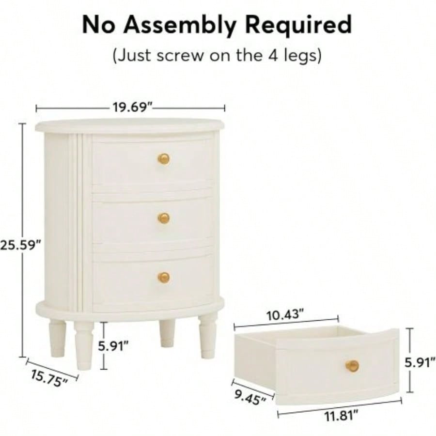 20 Oval Nightstand with 3 Drawers, Fully Assembled Farmhouse Bedside Table, Wood Side End Table with Solid Unique Design Bedroom, Living Room, Beige White
