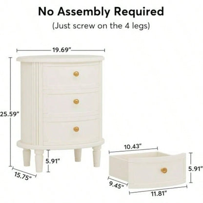 20 Oval Nightstand with 3 Drawers, Fully Assembled Farmhouse Bedside Table, Wood Side End Table with Solid Unique Design Bedroom, Living Room, Beige White
