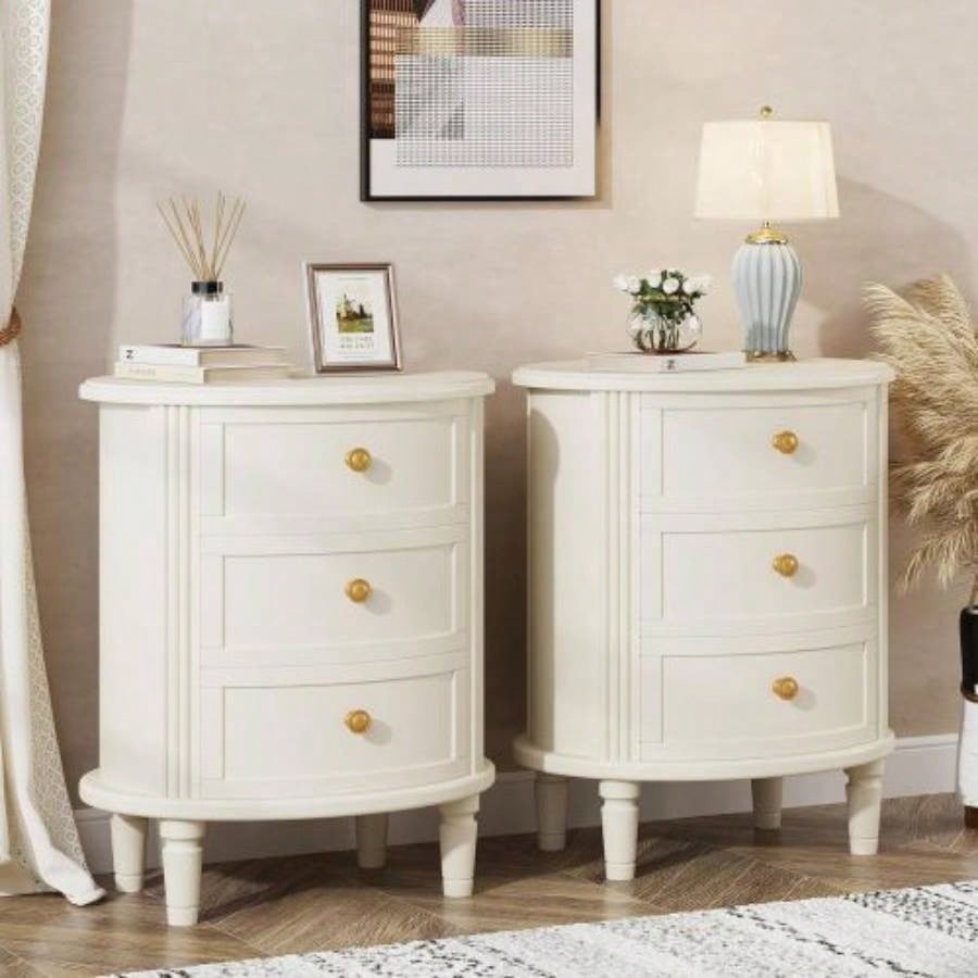 20 Oval Nightstand with 3 Drawers, Fully Assembled Farmhouse Bedside Table, Wood Side End Table with Solid Unique Design Bedroom, Living Room, Beige White