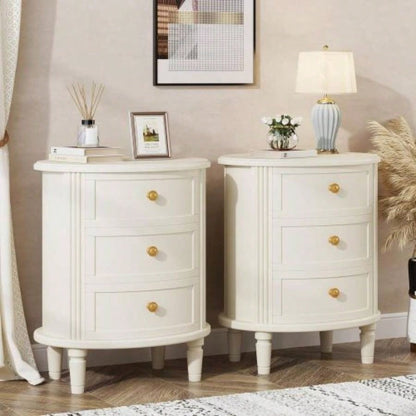 20 Oval Nightstand with 3 Drawers, Fully Assembled Farmhouse Bedside Table, Wood Side End Table with Solid Unique Design Bedroom, Living Room, Beige White